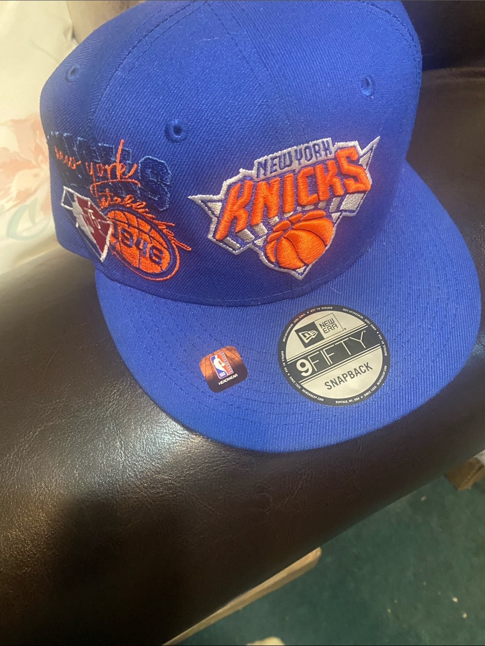 New Era Knicks Royal Blue Snapback with Orange Embroidered Logo